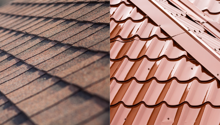 red colored asphalt shingles and metal roof