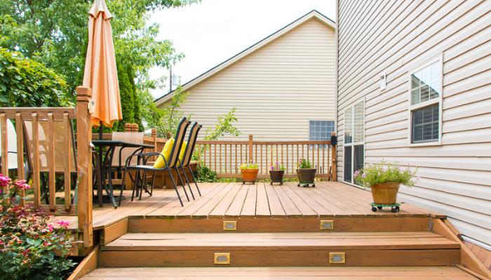 Deck and garden of family home at summer