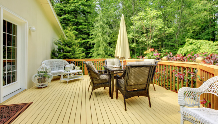 Perfect furnished wood deck with nice scenery in the morning